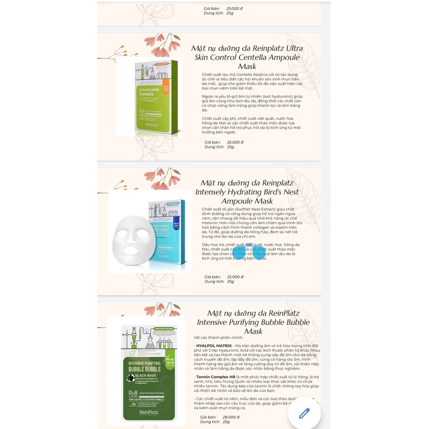 Combo 5 Mặt nạ dưỡng trắng da, ngăn ngừa lão hoá Reinplatz Ampoule Mask (25g x 5)