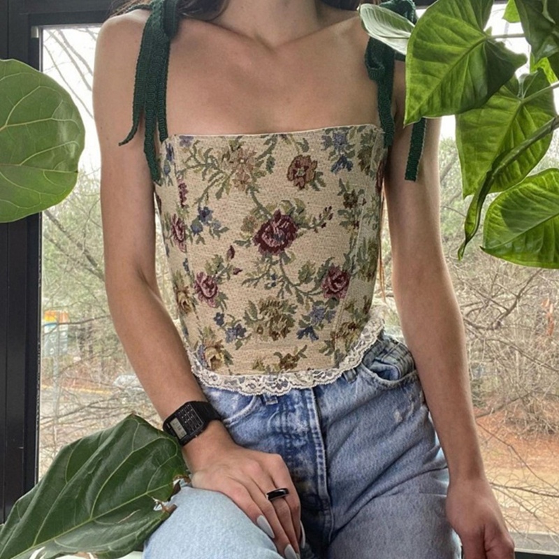 Áo Croptop Hai Dây Họa Tiết Hoa Phong Cách Vintage Cho Nữ