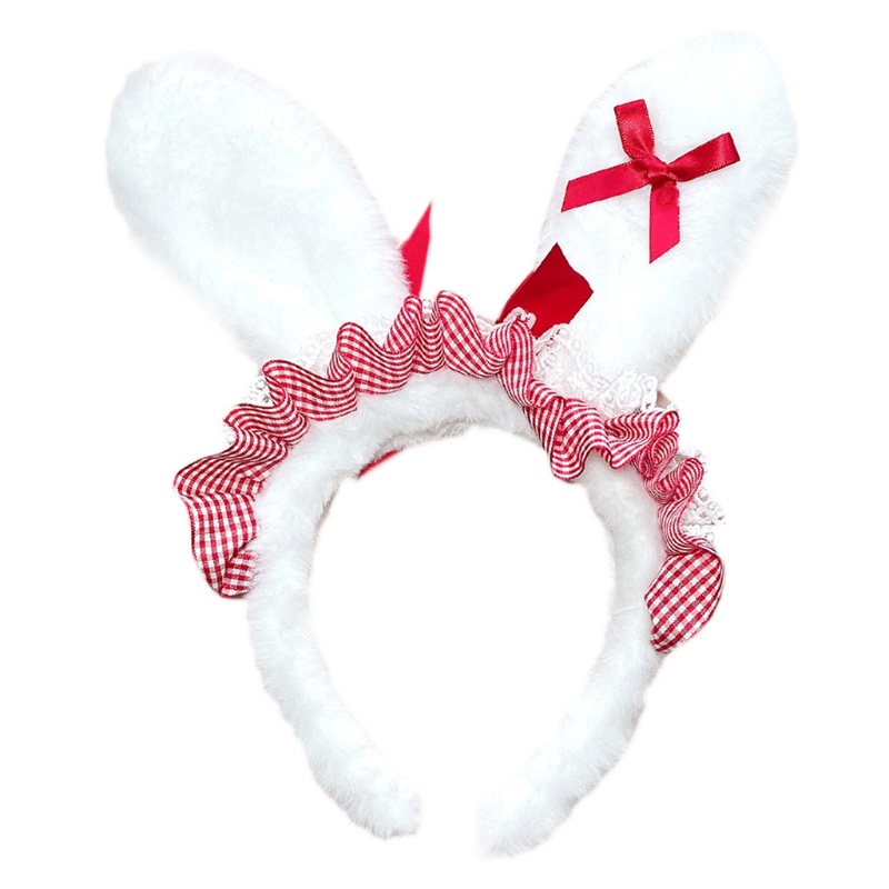 Băng Đô Tai Thỏ Họa Tiết Sọc Caro Phối Lông Xù Dành Cho Nữ