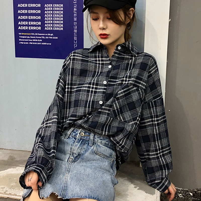 Áo sơ mi caro tay dài phong cách Hàn Quốc cho nữ