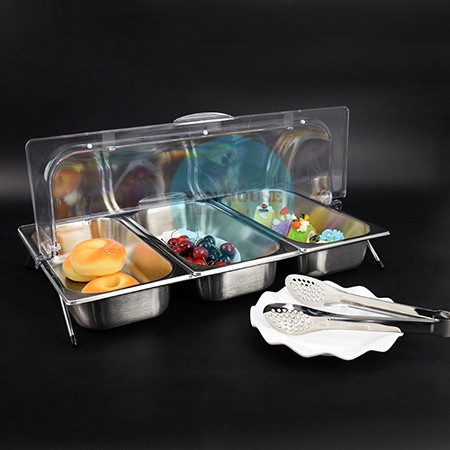 Bộ khay inox 3 ngăn có nắp đậy bằng nhựa mica trong suốt mở 180 độ đựng đồ ăn