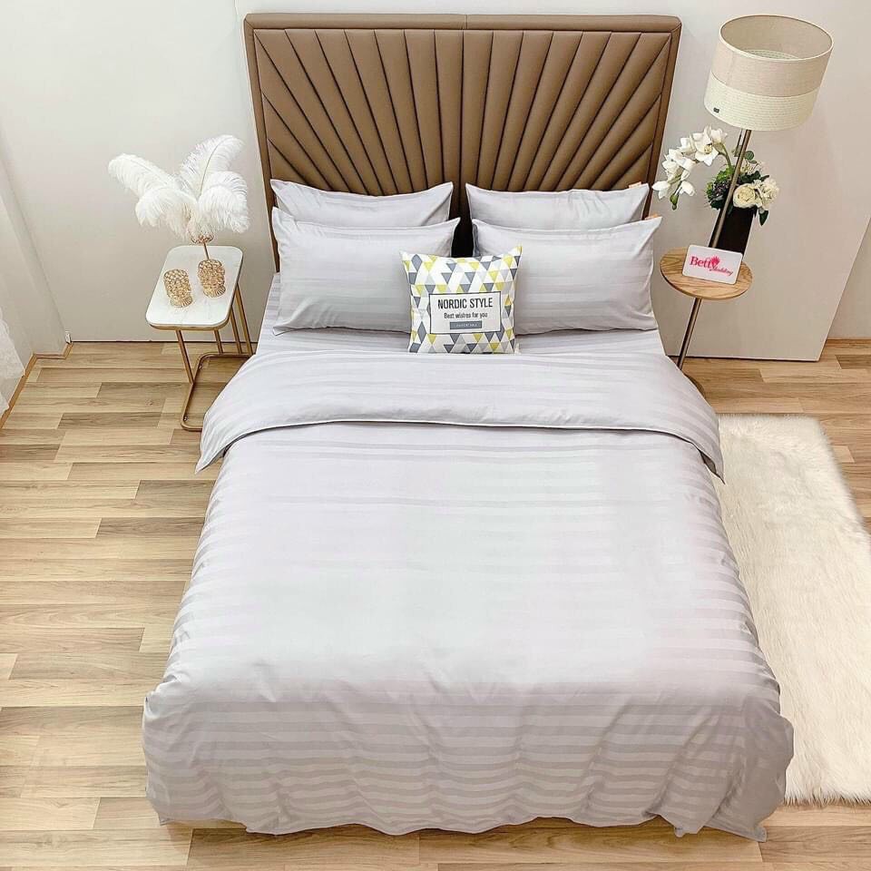 [NHẬP KHẨU] set chăn ga và vỏ gối cotton 3F sọc(có chăn) - freesize - bo chun miễn phí