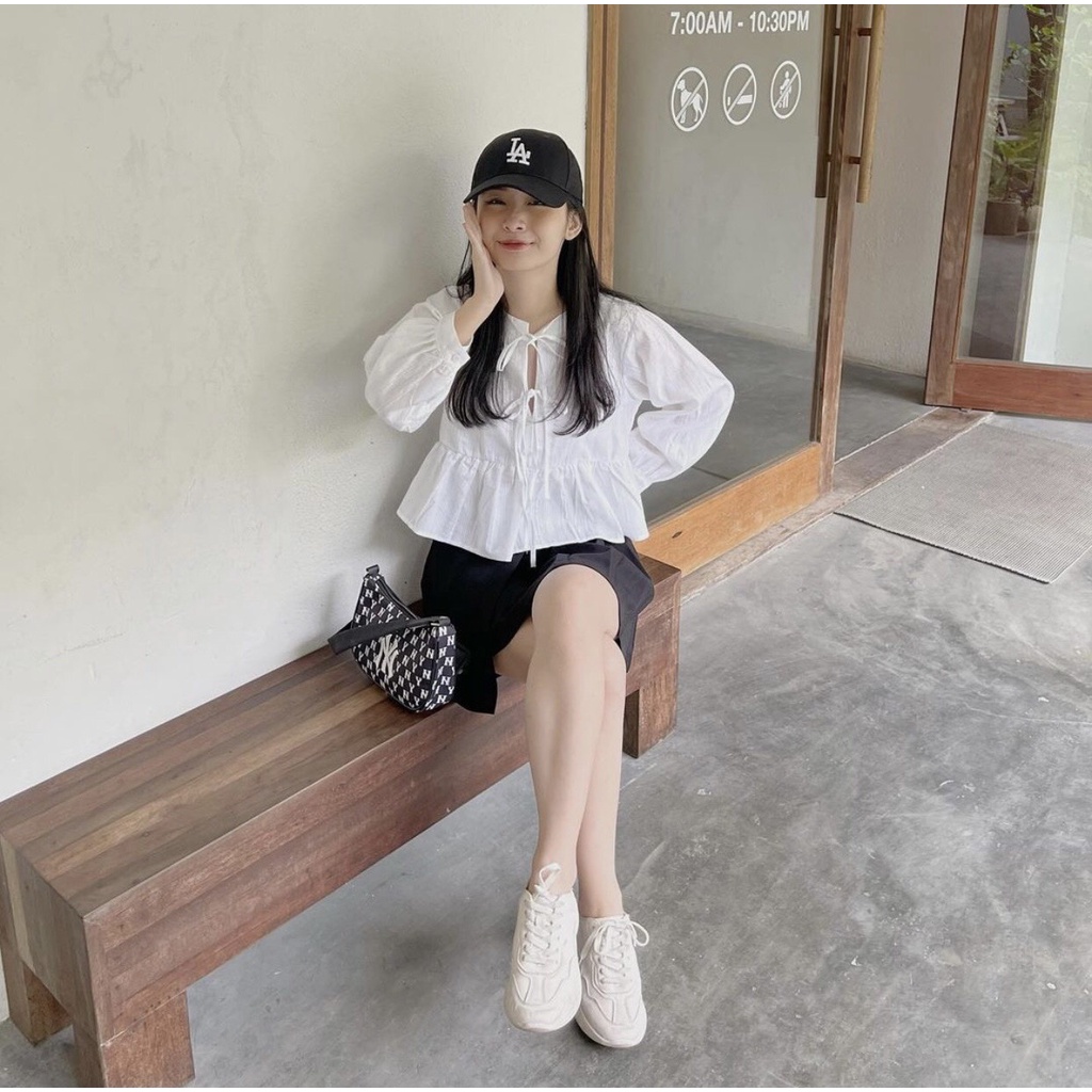 [Ảnh thật/Sẵn] Set áo babydoll dáng ngắn nơ dây mix chân váy xếp ly lệch tà ulzzang