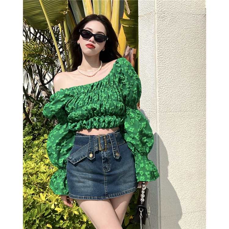 Set Áo Trễ Vai Dài Tay + Quần Short Denim Ống Rộng Thời Trang Nữ