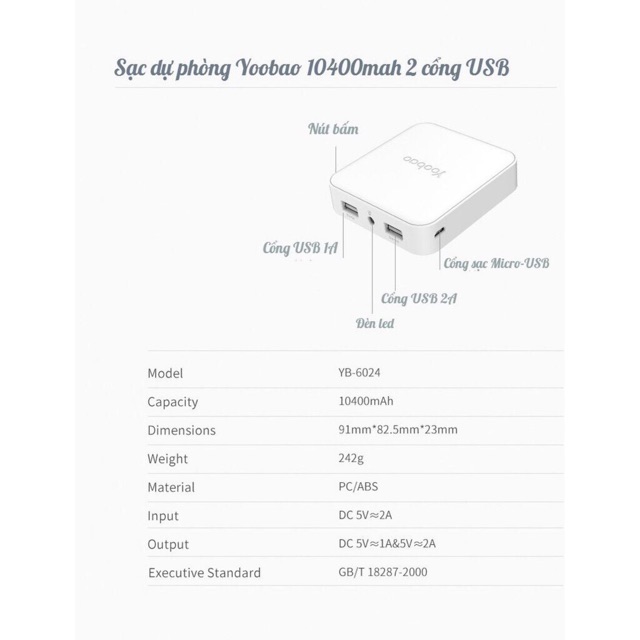 Sạc dự phòng Yoobao chính hãng YB-6024 10000mAh