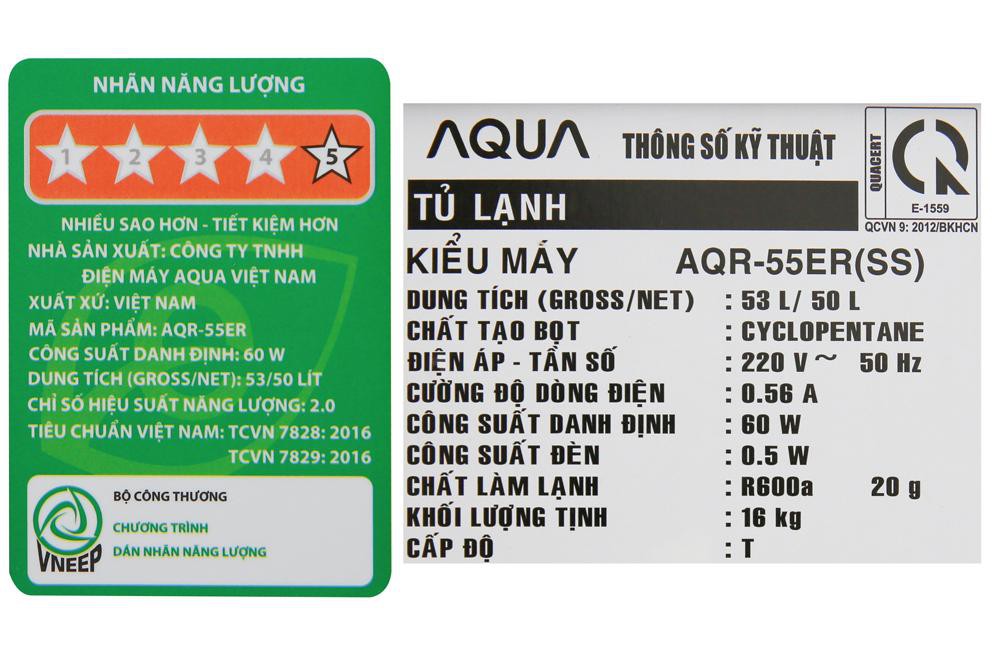 Tủ lạnh Aqua 50 lít AQR-55ER (SS)-HÀNG CHÍNH HÃNG