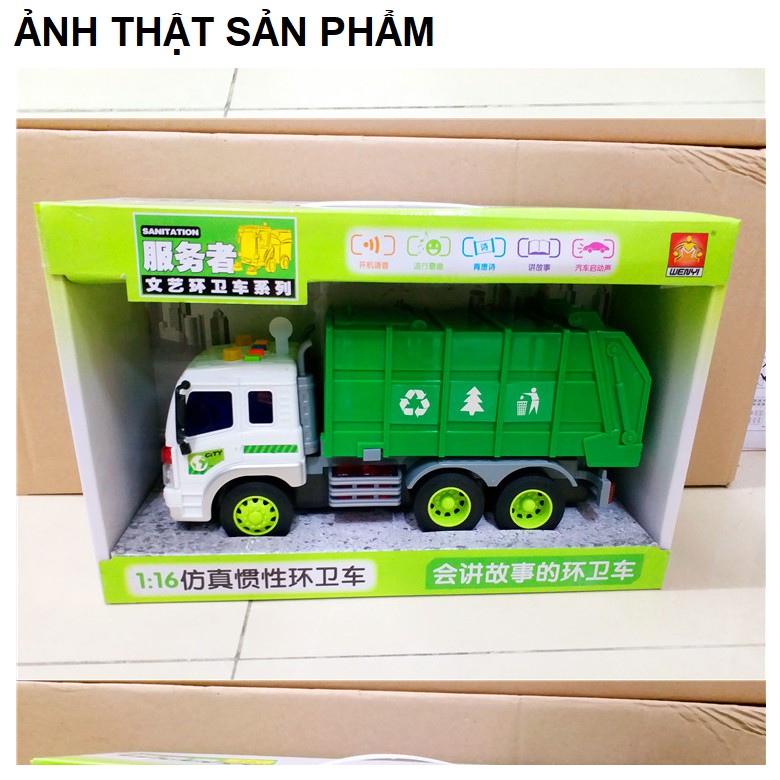 Xe ô tô chở rác đồ chơi trẻ em mô hình tỉ lệ 1:16 có âm thanh và đèn xe bằng nhựa