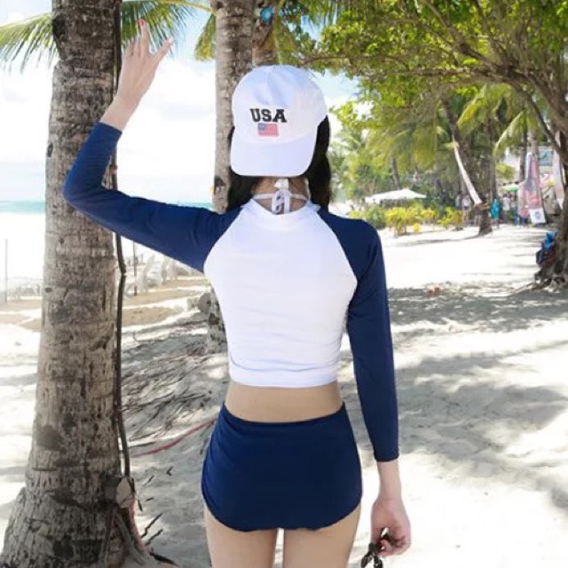 Kimstore_bikini: Đồ bơi tay dài trắng xanh