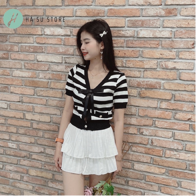Áo Len Mongtoghi Nữ Kẻ Sọc Ngang Cộc Tay, Ngắn Tay, Cổ V Nơ Đính Ngực