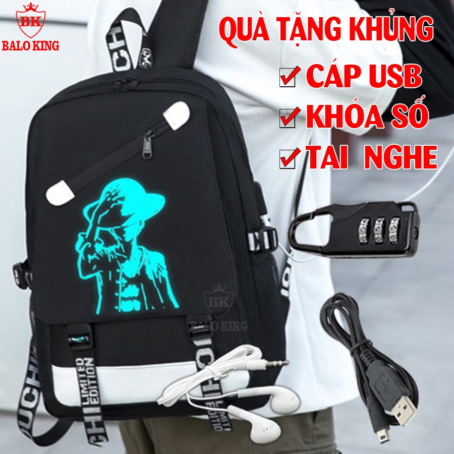 Balo nam nữ đi học Luffy phát sáng dạ quang Baloking TẶNG (Cáp USB+Khóa số+Tainghe) - Cặp đi học HOT nhất 2021