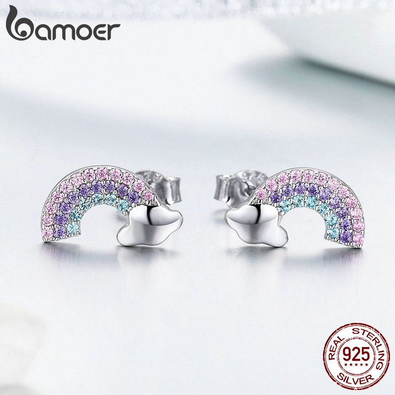 Bông tai Bamoer chất liệu bạc hình cầu vồng độc đáo