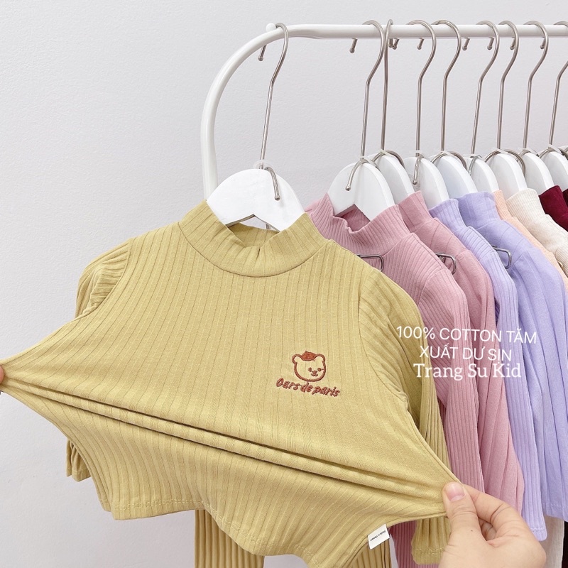 COMBO 3 BỘ TĂM DÀI TAY CỔ 3 PHÂN THÊU GẤU CHO BÉ GÁI.
