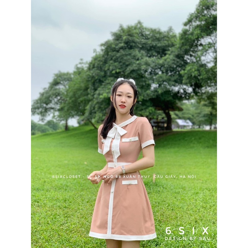 Váy hồng cúc ngọc đính nơ thời trang công sở 6SIX closet