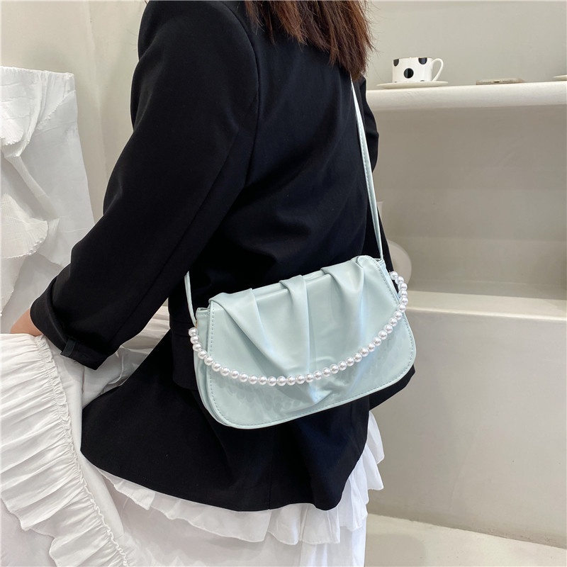 Túi đeo chéo IELGY bằng da mềm hình đám mây đính ngọc trai phối dây xích kiểu Hàn Quốc dễ thương cho nữ