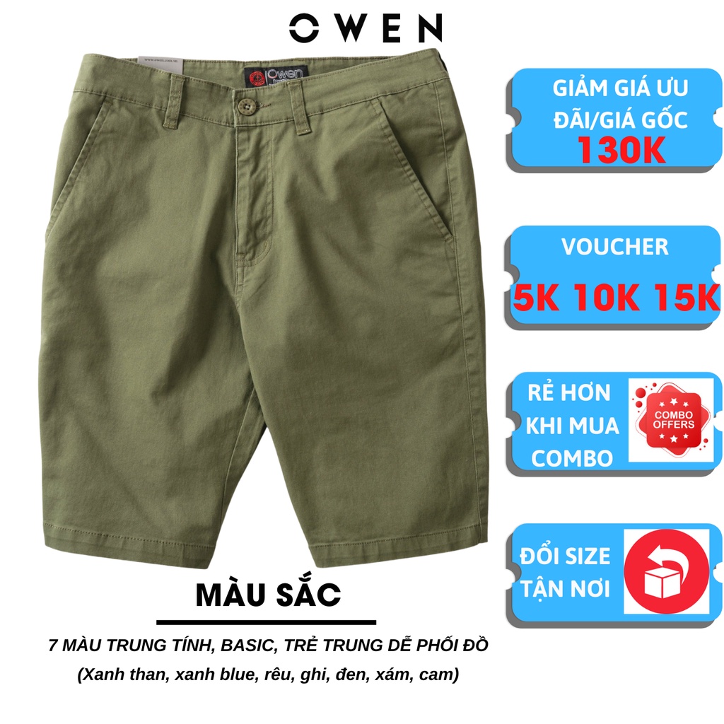 Quần short nam kaki Owen màu rêu, chất liệu vải cotton cao cấp, co giãn, trẻ trung, dáng slimfit năng động