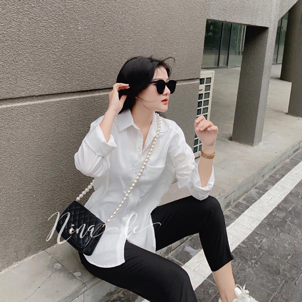 Áo sơ mi kiểu nữ áo sơ mi nữ vải đũi phom rộng túi ngực màu trắng cao cấp phong cách hàn quốc đi chơi công sở RubyShop