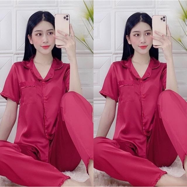 Bộ pijama chất Satin lụa đẹp, tay ngắn quần dài có túi