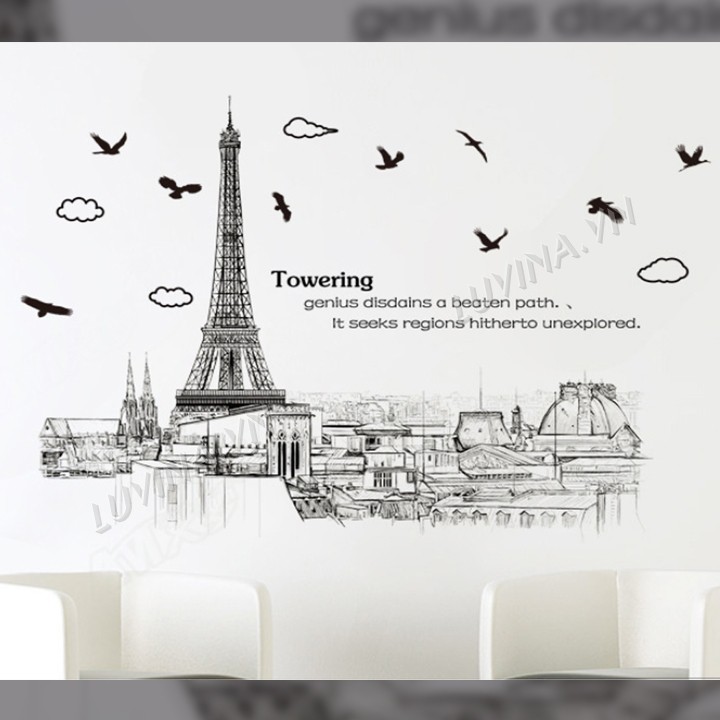 Decal dán tường trang trí quán cafe, văn phòng,phòng khách - Thành phố Paris nâu