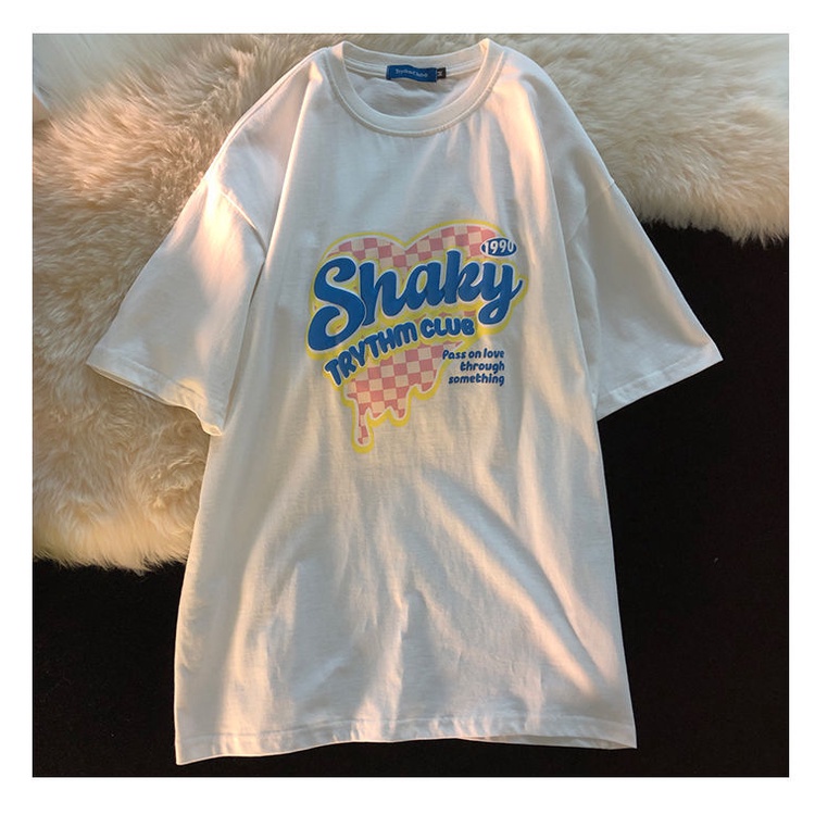 Áo thun tay ngắn dáng rộng in hình trái tim và chữ phong cách hàn quốc thời trang mùa hè cho nam và nữ