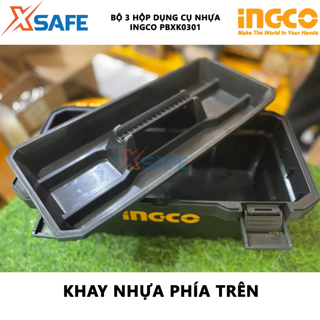 Bộ 3 hộp nhựa đựng dụng cụ INGCO PBX2001 Bộ 3 thùng đựng đồ nghề khóa nhựa PP, tay cầm độ bền cao - Chính hãng [XSAFE]