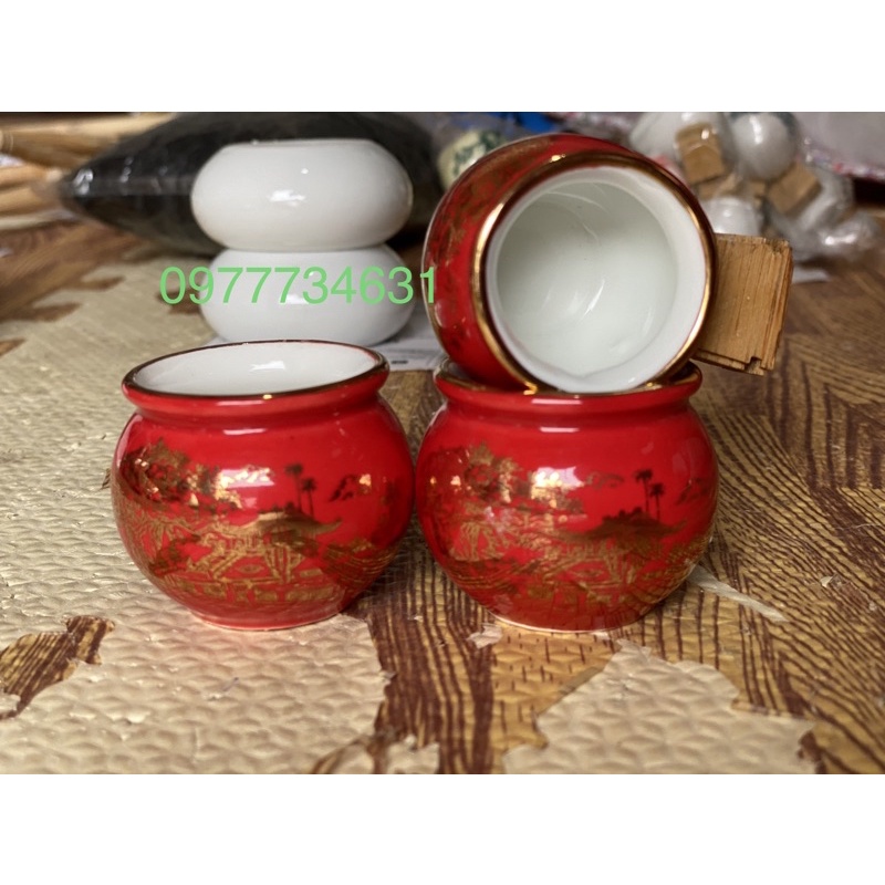 Bộ 3 chiếc cóng sứ Dát Vàng Kim phụ kiện lồng chim chào mào, chích choè cao cấp