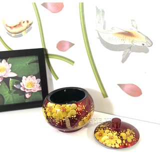 Hũ Sơn Mài - Nền đỏ & vẽ hoa mai vàng - Φ11cm - Khay thuyền gỗ trang trí sushi - sashimi - khay gỗ trang trí món Nhật