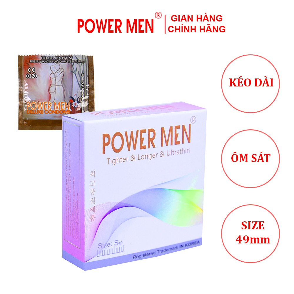 Bao cao su Powermen Tighter &amp; Longer &amp; Ultrathin Ôm sát Siêu mỏng, Kéo dài Hộp 3 chiếc (TSU3)