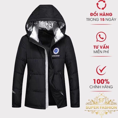 Áo Khoác Phao Nam Có Nón SUPER FASHION Chất Dù 3 Lớp Trần Bông 2 Màu Phối Bạc Mặc Ấm