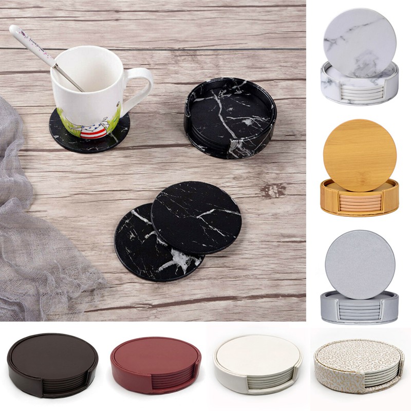Set 6 Tấm Lót Cốc Bằng Da PU Họa Tiết Vân Đá Cẩm Thạch Màu Trắng Đen Sang Trọng Trang Trí Bàn Ăn
