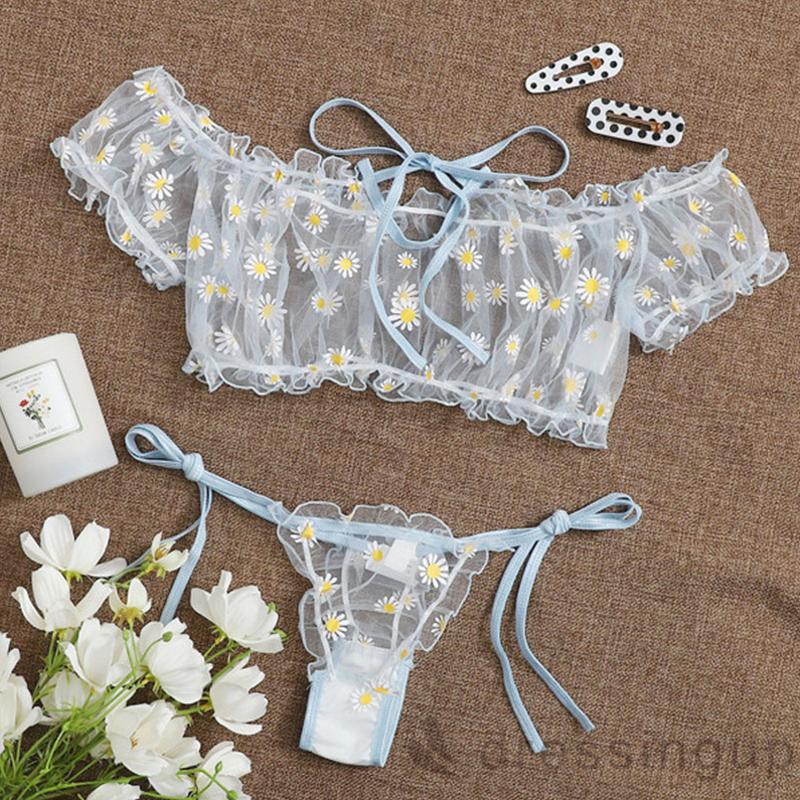 Set Đồ 2 Món Áo Croptop Trễ Vai In Hoa + Quần Lót Quyến Rũ Cho Nữ