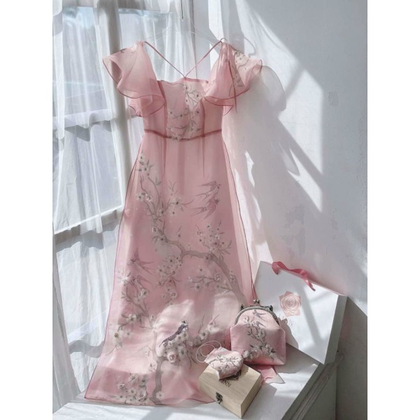 TẶNG MẤN Áo dài hồng tiểu thư tay loe cổ yếm buộc sang choảnh chất liệu oganza đẹp may kỹ bọc viền không rặm không ngứa