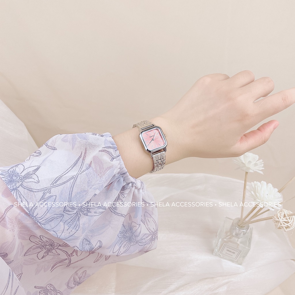 Đồng hồ nữ mặt vuông nhỏ dây kim loại giá rẻ chống nước phong cách Hàn Quốc chính hãng NAIDU ND01