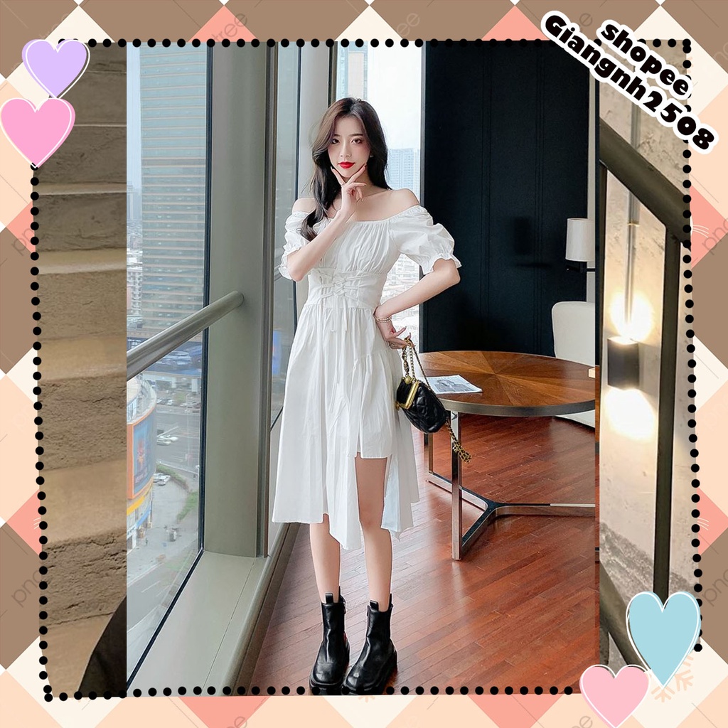 V019 Váy nữ dáng xòe xẻ chân thắt nơ eo tiểu thư, đầm dài dáng xòecổ vuông tay bồng đen trắng bánh bèo nữ tính