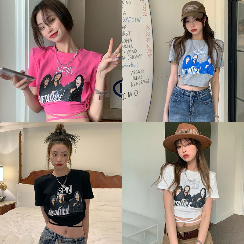 Áo Thun Croptop Cổ Tròn Tay Ngắn Dáng Ôm Cột Dây In Họa Tiết Thời Trang Hàn Quốc Cho Nữ