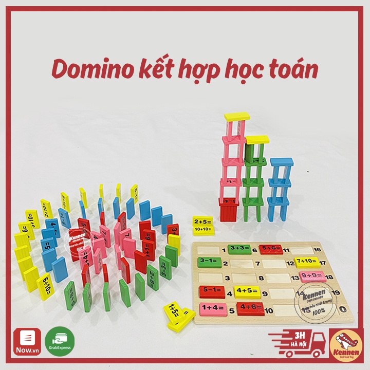 Domino gỗ phép tính 60 miếng kèm bảng luyện cộng trừ giúp bé học toán
