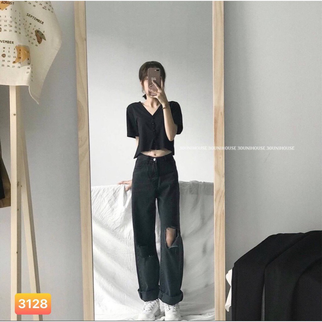 siêu hot quần ống rộng màu đen rách gối, quần jean nữ, quần baggy