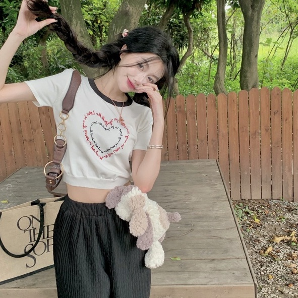 Áo thun dệt kim ZHELIHANGFEI tay ngắn hở eo thêu chữ dễ thương thời trang