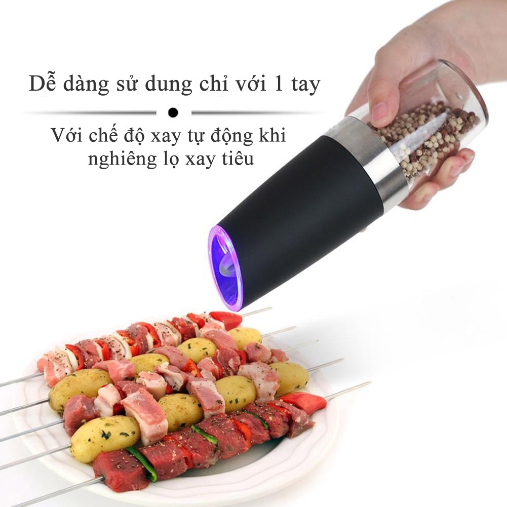 Máy Xay Tiêu Cầm Tay Tự Động Chạy Pin - Cối Xay Tiêu, Hạt Gia Vị Có Đèn Led, Lõi Mài Gốm Ceramic Cao Cấp, Tiện Dụng