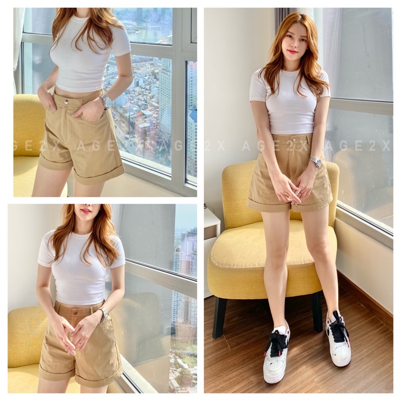 ⚠️HÌNH THẬT⚠️ Quần short nữ Lưng Cao chính hãng AGE2X chất kaki được wash mịn, Ống rộng, lên Phom Siêu Yêu