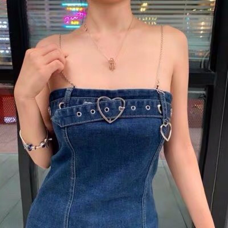 Đầm body jean 2 dây xích (có hình thật từ shop Trung)