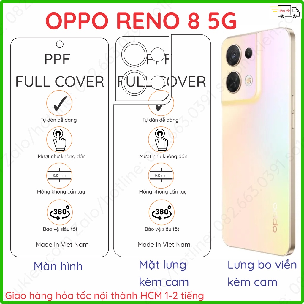 Dán PPF Oppo Reno 8 4G/ 5G, Reno 8 pro loại trong, nhám dành cho màn hình, mặt lưng, full viền