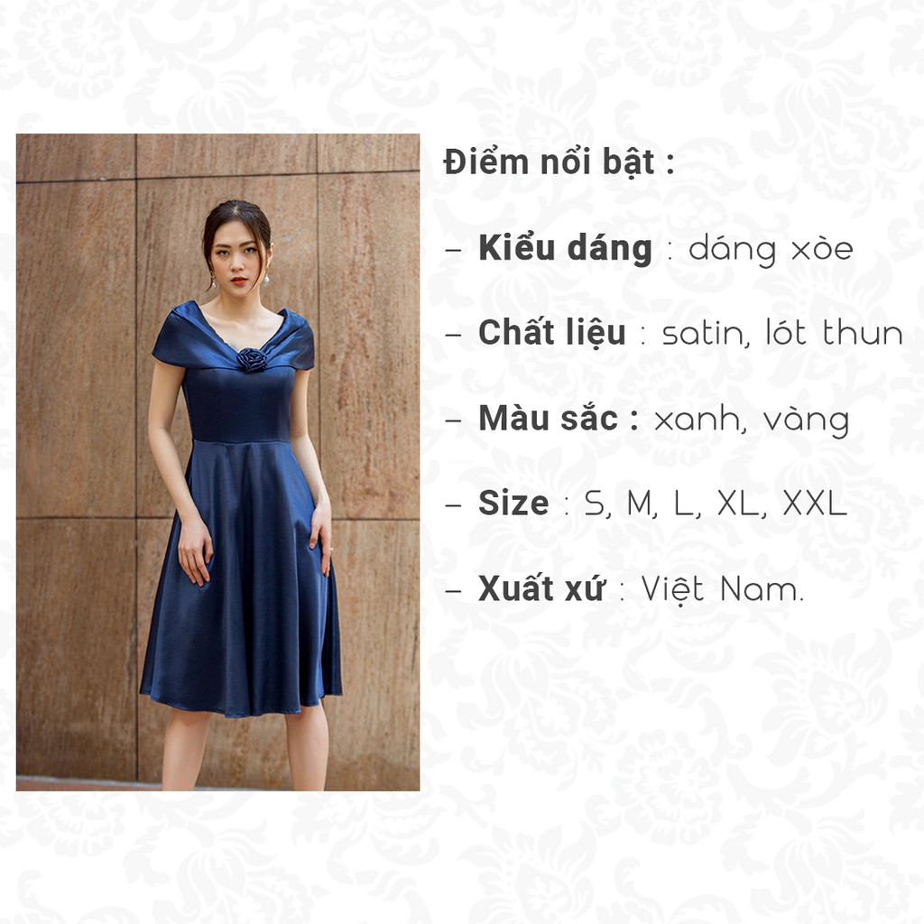 Đầm xòe dự tiệc 2 lớp thời trang Eden bẹt vai phối hoa chất liệu satin siêu mịn quyến rũ - D428