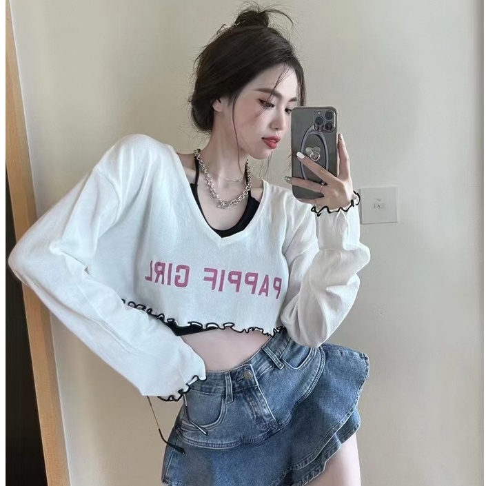 QKOOLE  Set Áo Thun Tay Dài + Áo Sát Nách Hoạ Tiết Kẻ Sọc Phong Cách Hàn Quốc (Two pieces)