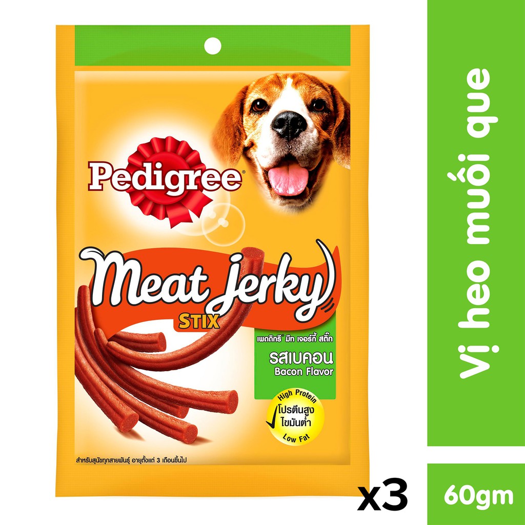 Bộ 3 thức ăn vặt cho chó Pedigree Meat Jerky vị heo muối dạng que 60g