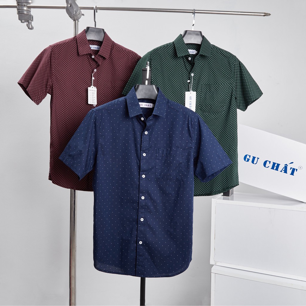 Áo Sơ Mi Nam Ngắn Tay Họa Tiết Chấm Bi Thời Trang GU CHẤT, Chất Vải Cotton Xịn, GUSM10