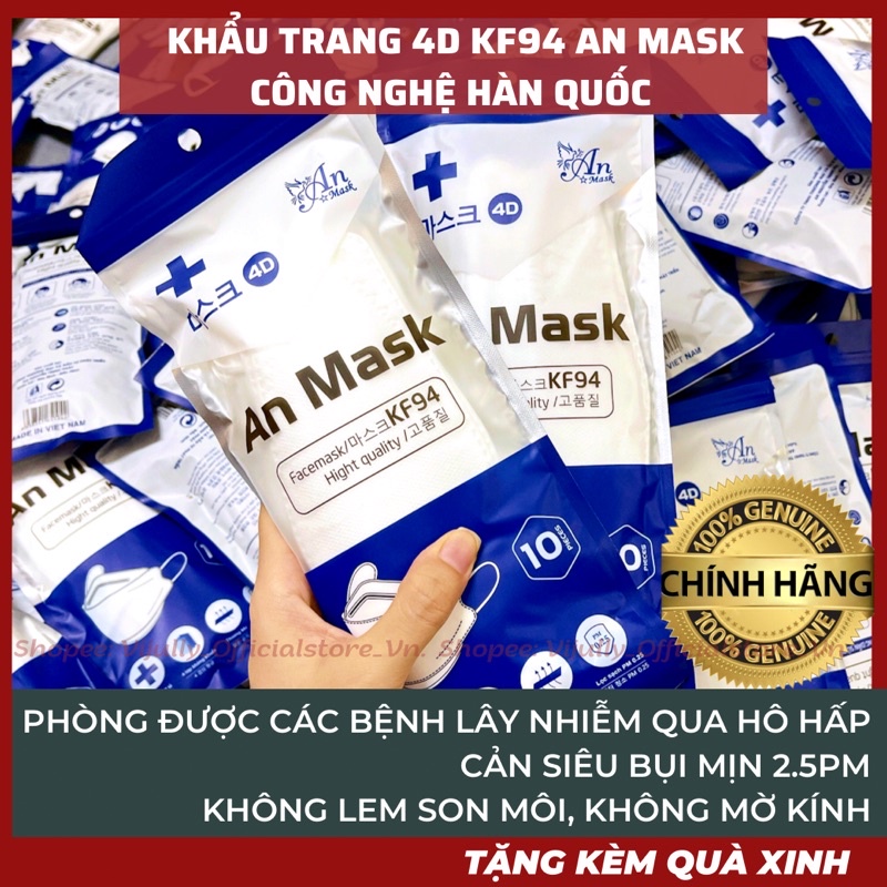 Khẩu Trang 4D Mask KF94 Công Nghệ Dập Hàn Quốc ( Bịch 10 Cái ) - Hàng Chính Hãng Công Ty có logo An Tâm