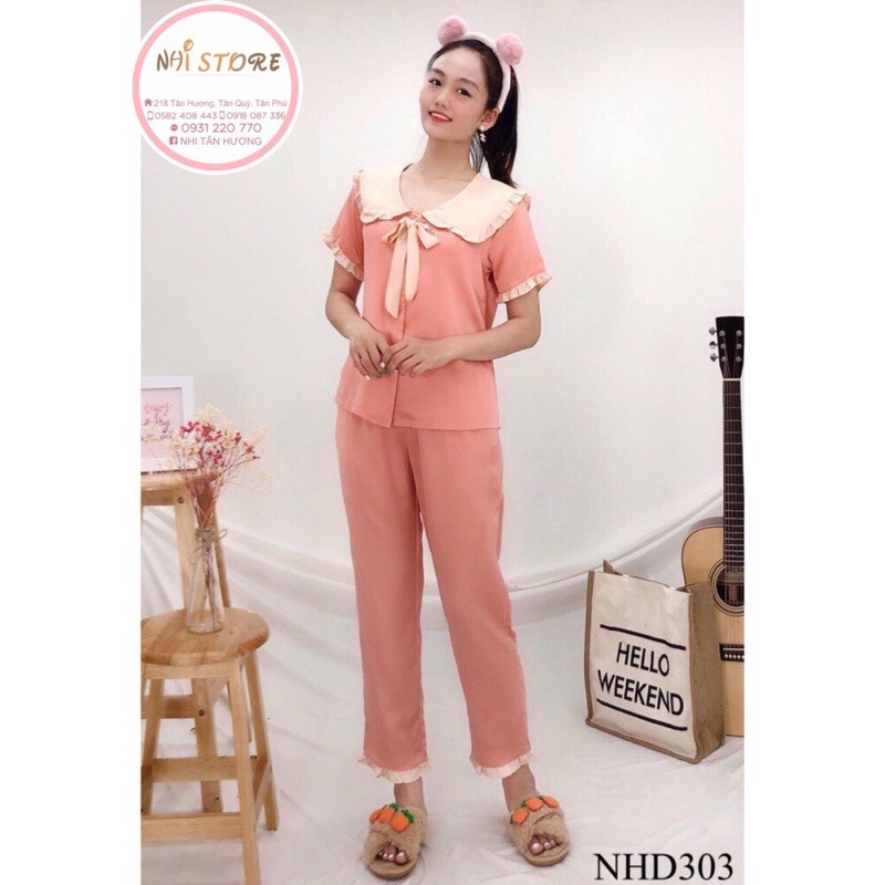 [FREESHIP 50K] Bộ lụa Pijama NHISTORE Bộ Quần Dài Tay Ngăn Lụa Satin Tiểu Thư Cổ Phối Bèo Nơ Freesize 45-58kg