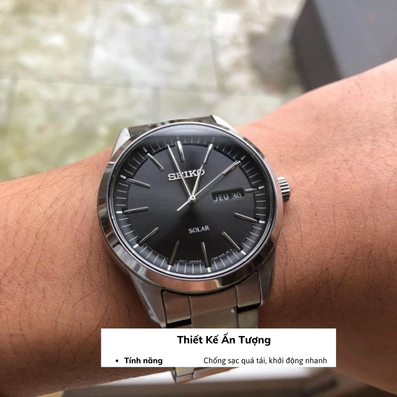 Đồng hồ Seiko Solar SNE52 nam pin năng lượng mặt trời mặt kính sapphire chống nước 10 ATM dây thép cao cấp chính hãng