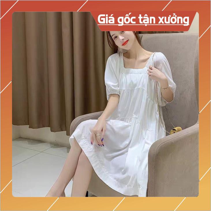 VÁY TRỄ VAI BABYDOLL TAY CHUN MÀU TÍM TRẮNG - ĐẦM CỔ VUÔNG BA TẦNG TRẮNG TÍM ULZZANG