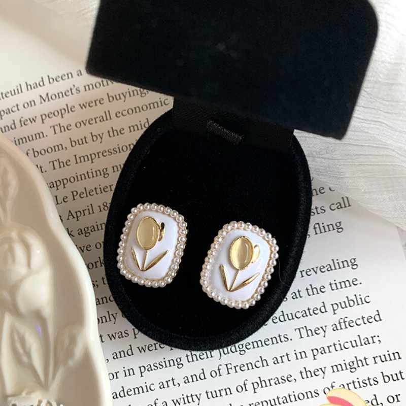 Hoa Tai Hình Hoa Tulip Đính Ngọc Trai Thanh Lịch Cho Nữ